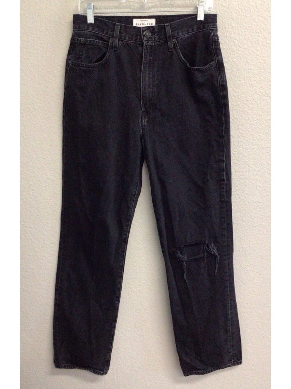 SLVRLAKE Jeans London High Rise Straight Leg Black Cotton Distressed Size 30